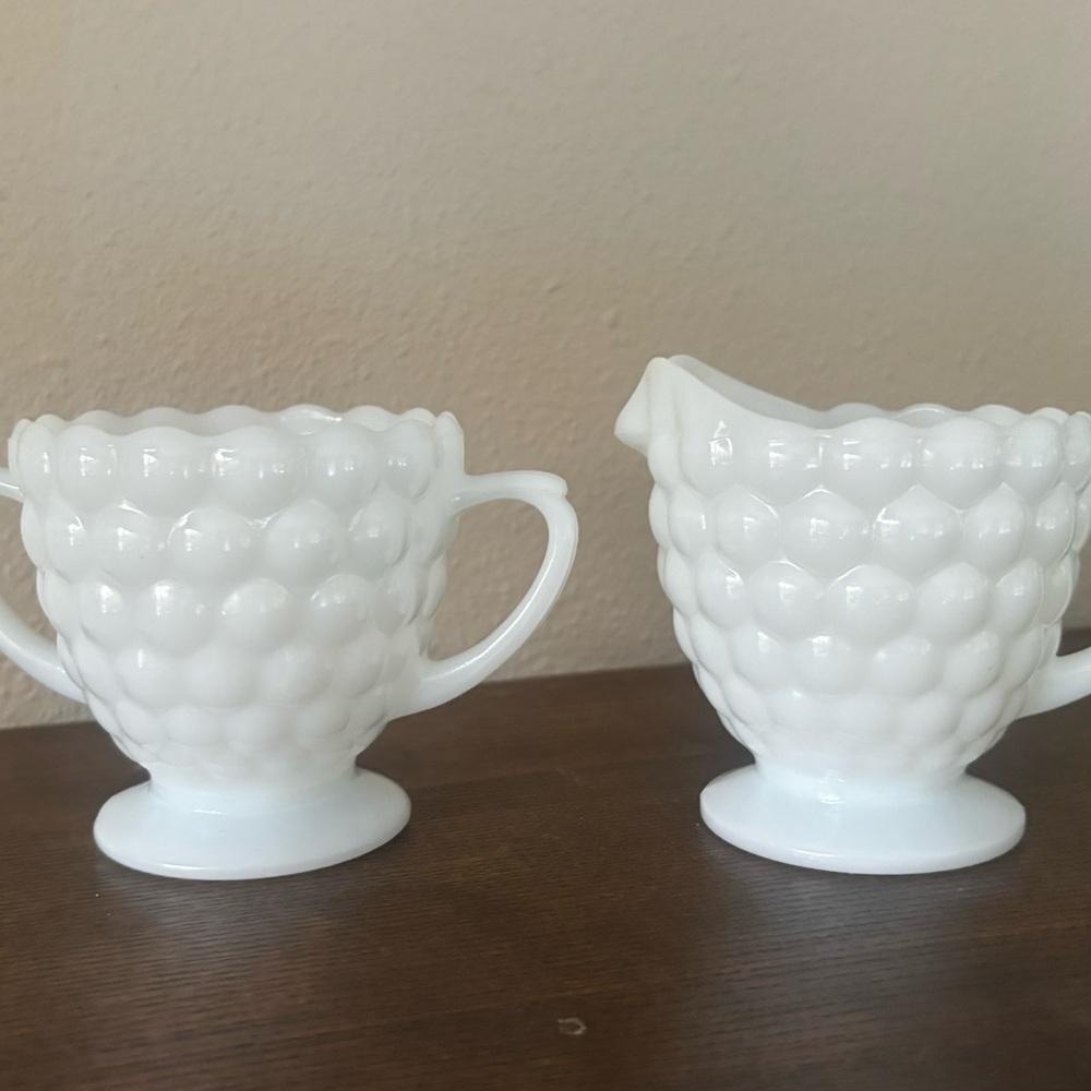 vintage Anchor Hocking Bubble Milk Glass Creamer and Open Sugar Bowl set